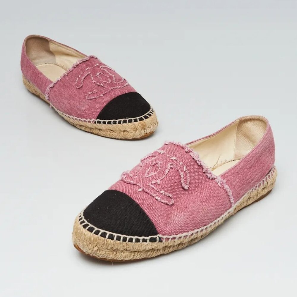 Authentic CHANEL CC Logo Linen Pink Black Espadrilles Flats Shoes 38